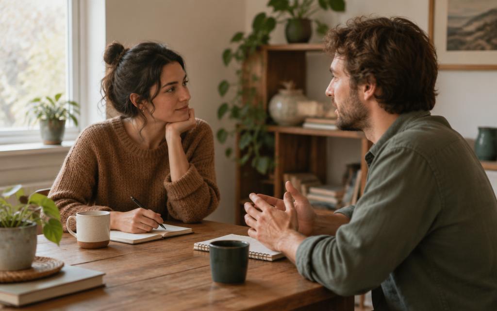 Twee mensen in gesprek aan een houten tafel