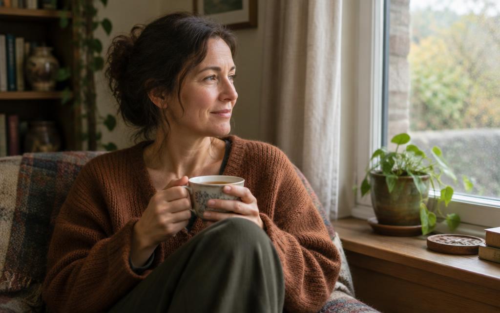 Vrouw met een kop thee bij het raam