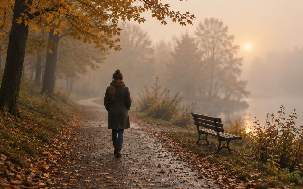 Iemand wandelt alleen over een pad in de mist